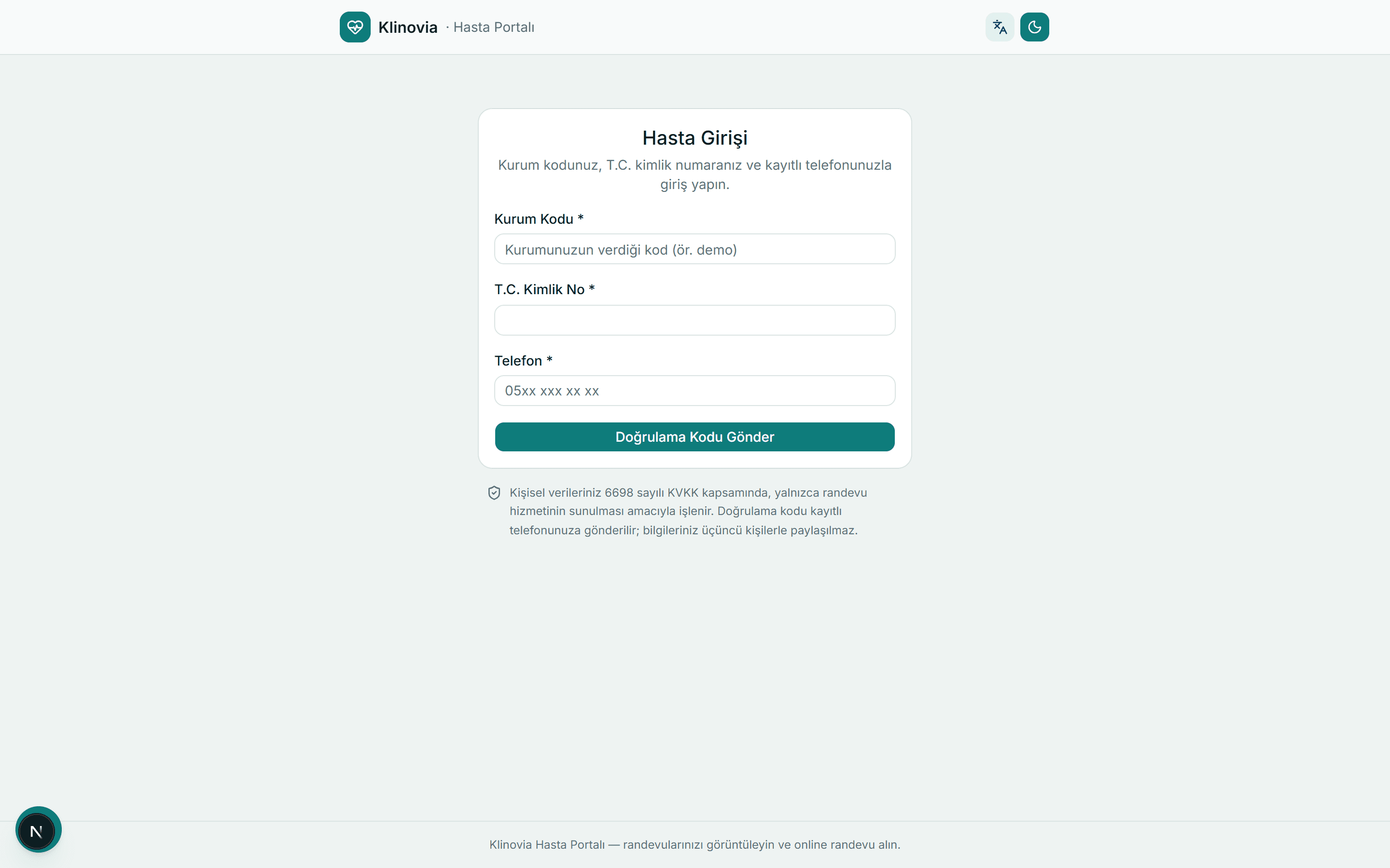 Klinovia hasta portalı — SMS kodu ile giriş